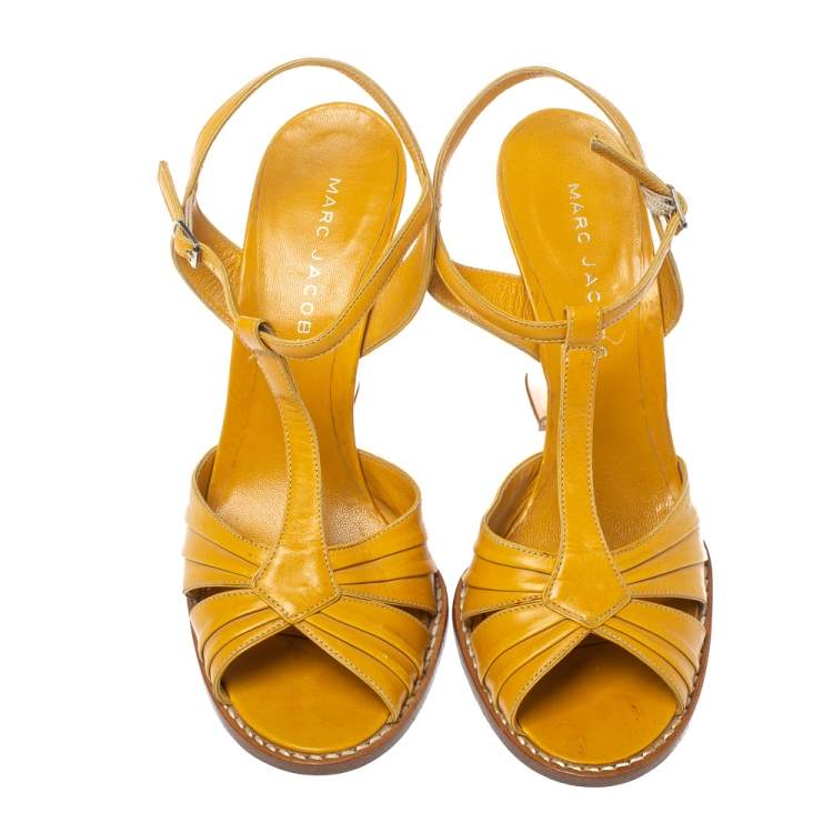 Pre Owned Marc Jacobs Mustard Leather Ankle Strap Wedge Sandals Size 38