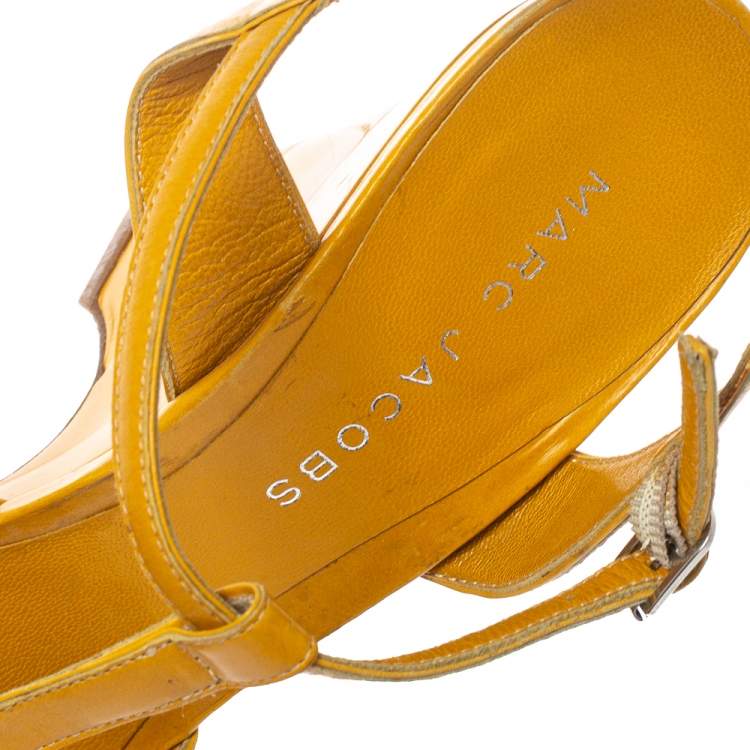 Pre Owned Marc Jacobs Mustard Leather Ankle Strap Wedge Sandals Size 38