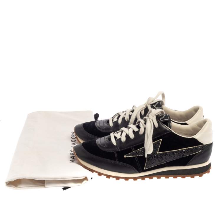 Pre Owned Marc Jacobs Black/White Velvet And Leather Lightening Bolt Sneakers Size 39