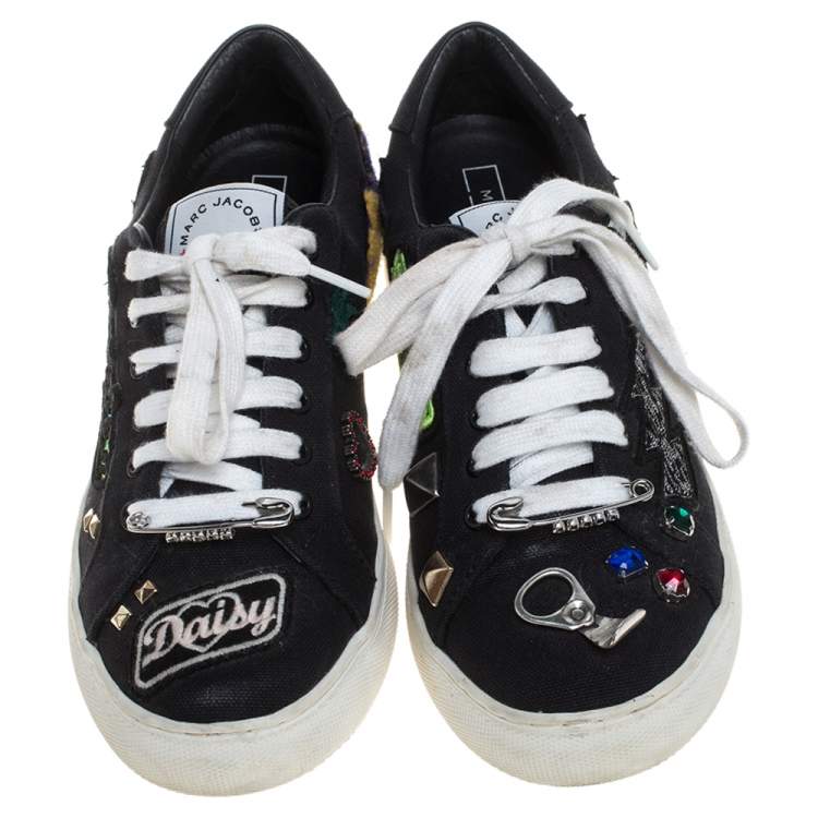 Pre Owned Marc Jacobs Black Canvas Patches And Embellished Low Top Sneakers Size 39