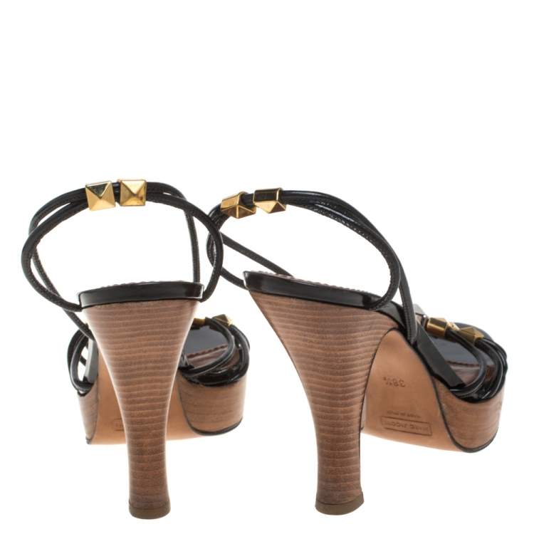 Pre Owned Marc Jacobs Black Patent Leather Studded Ankle Strap Platform Slingback Sandals Size 38.5