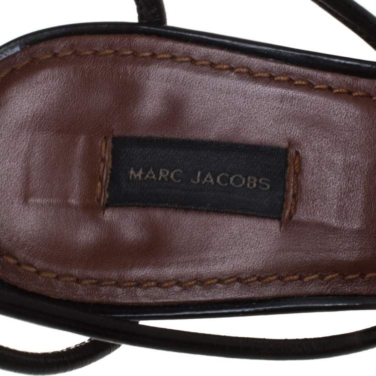 Pre Owned Marc Jacobs Black Patent Leather Studded Ankle Strap Platform Slingback Sandals Size 38.5