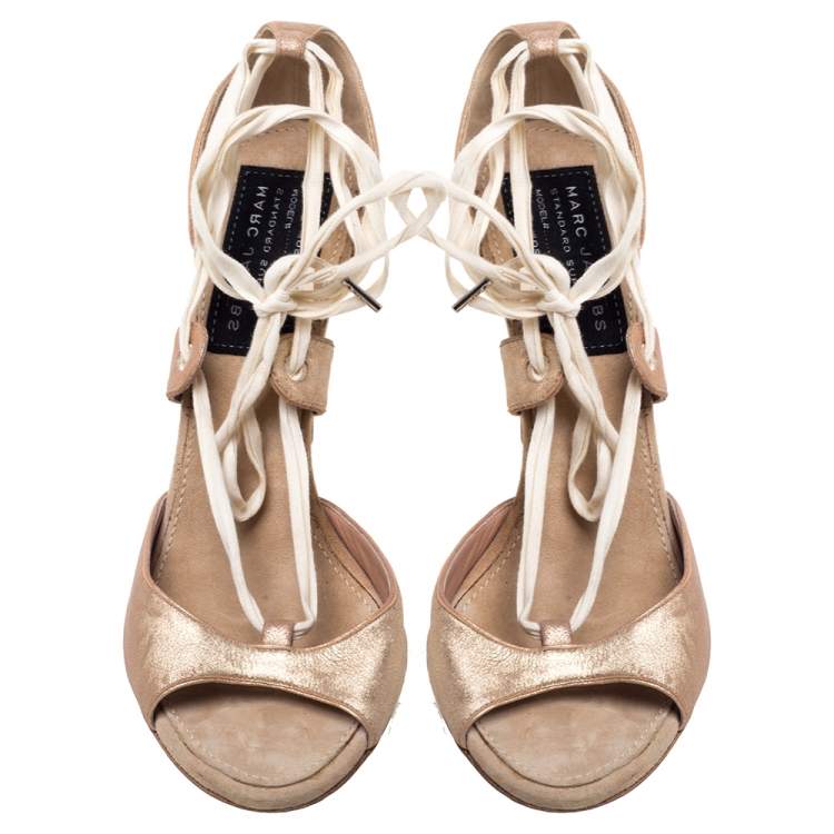 Pre Owned Marc Jacobs Metallic Bronze Leather Ankle Tie Pumps Size 40