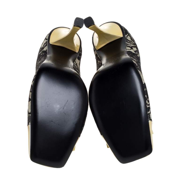 Pre Owned Marc Jacobs Yellow/Black Lace And Patent Leather Bow Detail Pumps Size 39