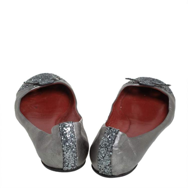 Pre Owned Marc Jacobs Metallic Silver Glitter And Leather Ballet Flats Size 38