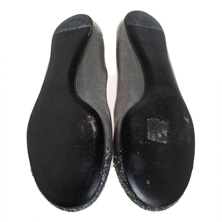 Pre Owned Marc Jacobs Metallic Silver Glitter And Leather Ballet Flats Size 38