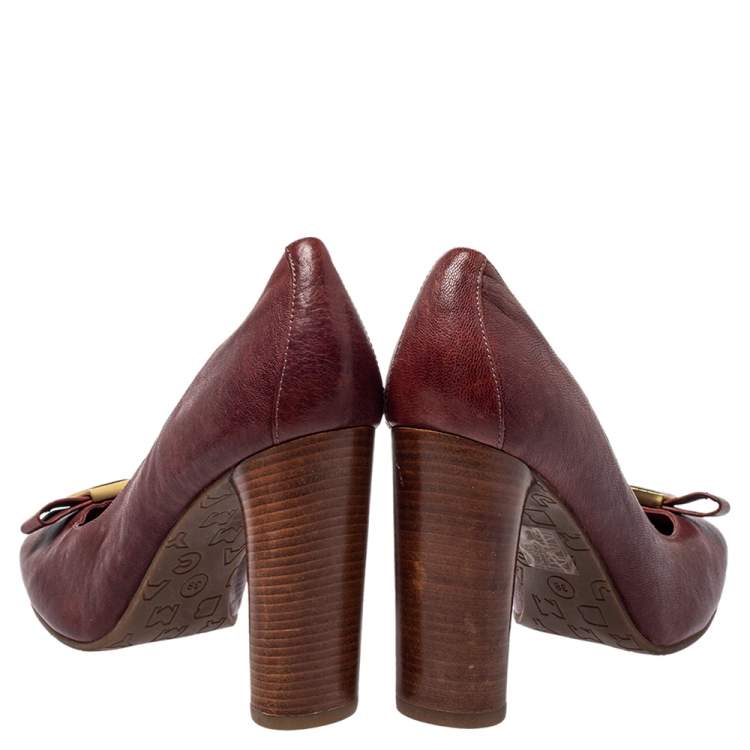Pre Owned Marc By Marc Jacobs Burgundy Leather Bow  Wooden Heel Pumps Sze 38