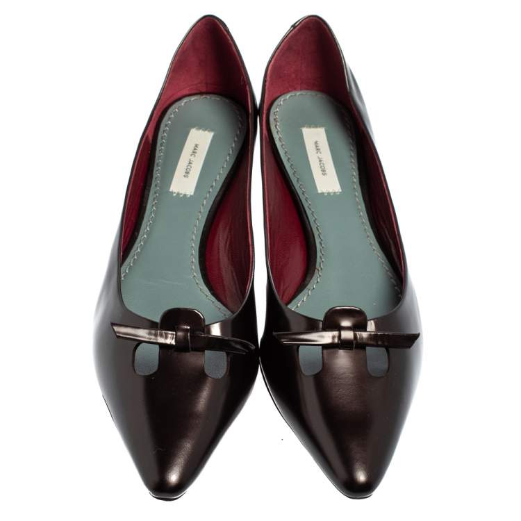 Pre Owned Marc Jacobs Dark Burgundy Leather Bow Pointed Toe Ballet Flats Size 38.5