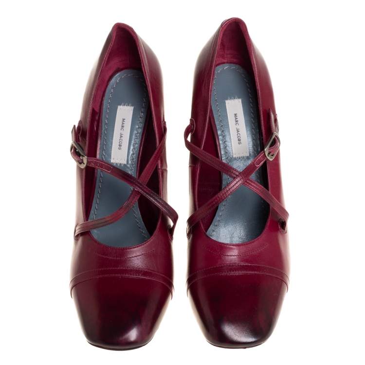 Pre Owned Marc Jacobs Burgundy Leather Mary Jane Pumps Size 38.5