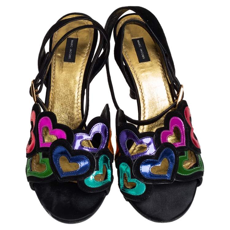 Pre Owned Marc Jacobs Multicolor Suede and Leather Heart Cut out Ankle Strap Sandals Size 39.5