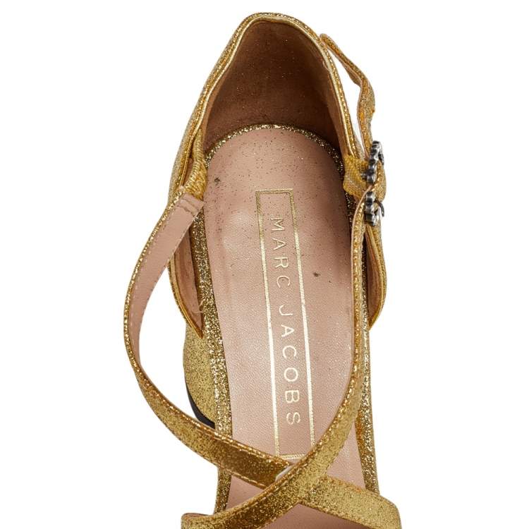 Pre Owned Marc Jacobs Gold Glitter Ankle Strap Sandals Size 36.5