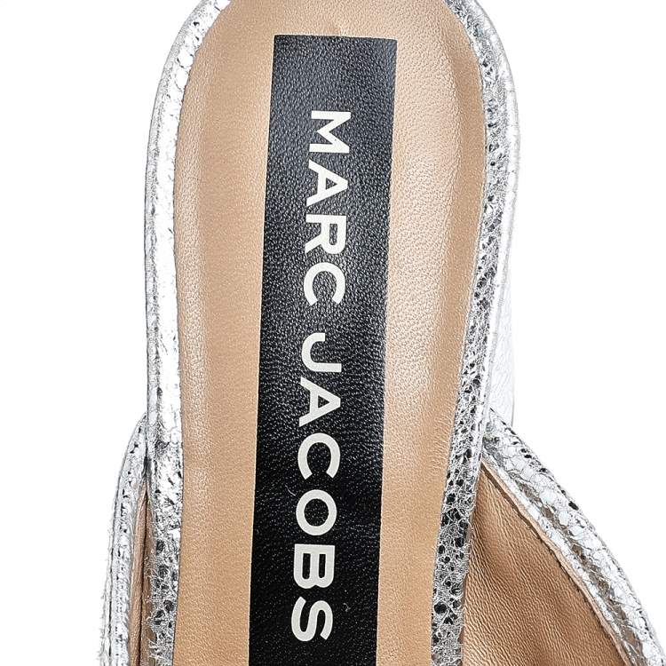 Pre Owned Marc Jacobs Metallic Silver Crackle Leather Criss Cross Slide Sandals Size 39