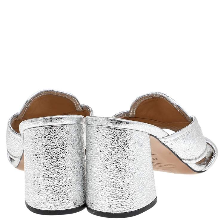 Pre Owned Marc Jacobs Metallic Silver Crackle Leather Criss Cross Slide Sandals Size 39