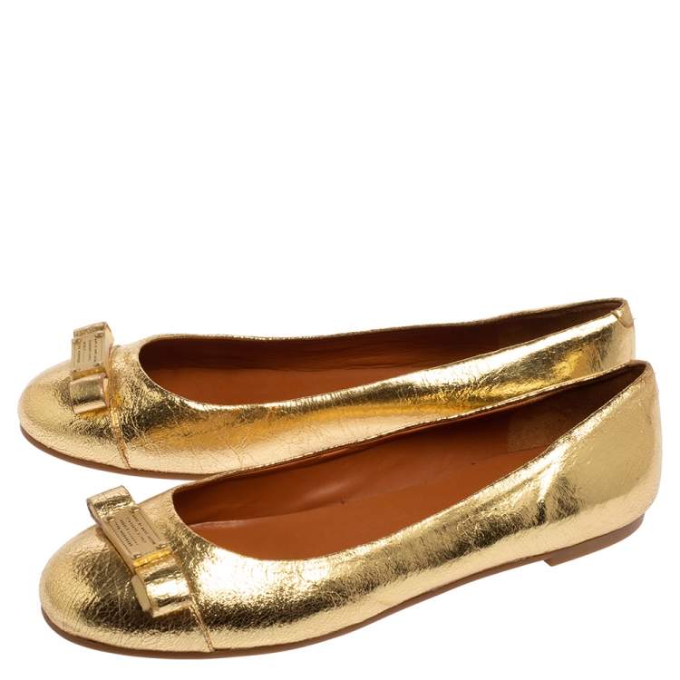 Pre Owned Marc Jacobs Gold Leather Bow Ballet Flats Size 37