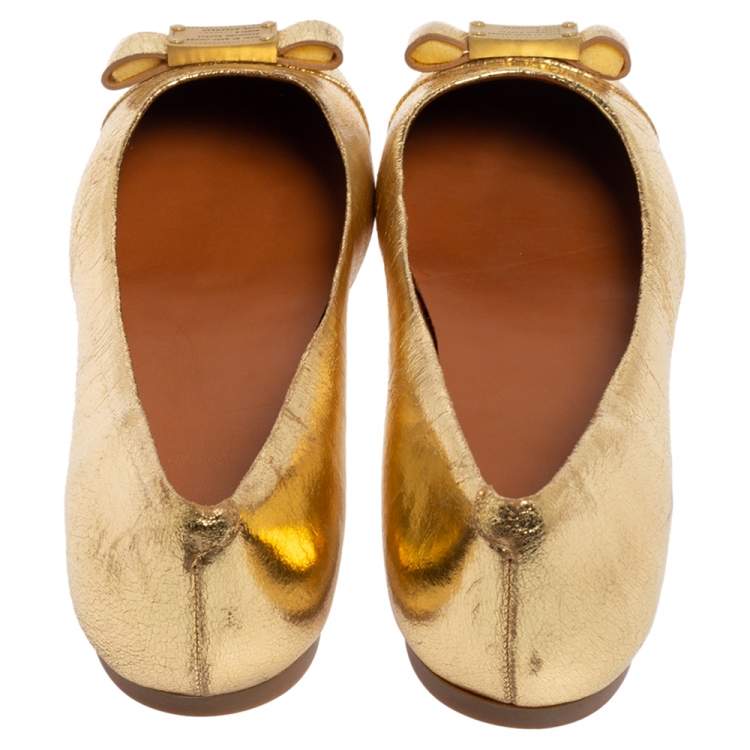 Pre Owned Marc Jacobs Gold Leather Bow Ballet Flats Size 37