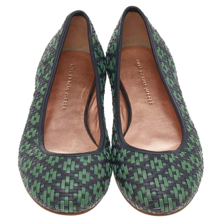 Pre Owned Marc Jacobs Green/Black Braided Leather Ballet Flats Size 38
