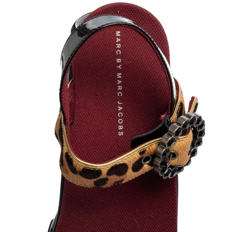 Pre Owned Marc by Marc Jacobs Beige Leopard Print Calf Hair and Patent Leather Ninja Wave Platform Sandals Size 39