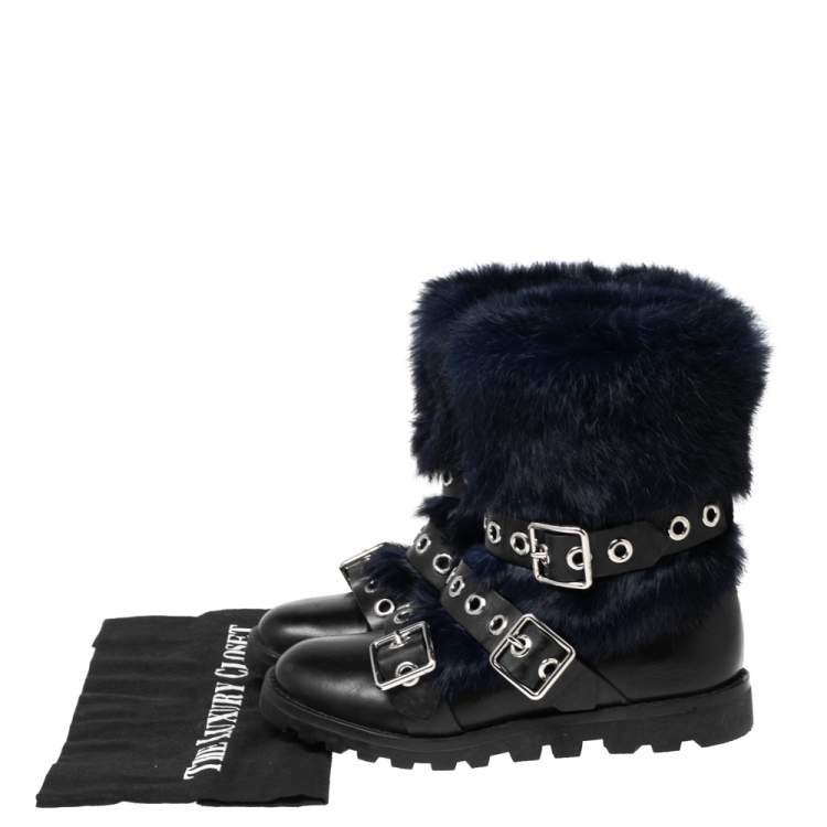 Pre Owned Marc By Marc Jacobs Black/Blue Ricky Rex Rabbit Fur and Leather Buckled Moto Boots Size 35.5 