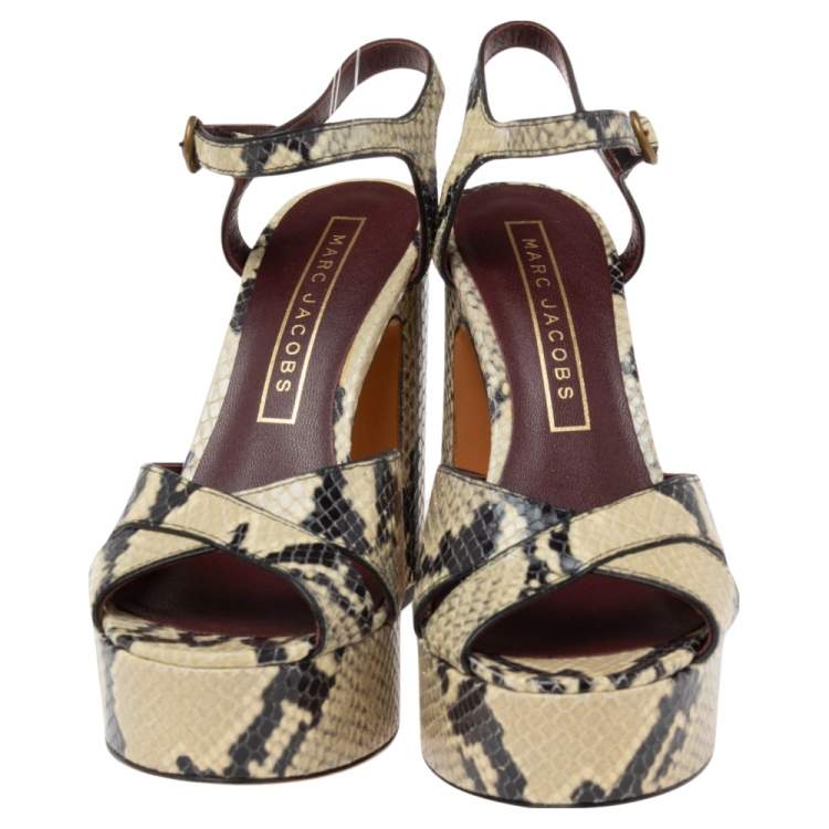 Pre Owned Marc Jacobs Black/Beige Python Embossed Leather Criss Crss Platform Ankle Strap Size 36