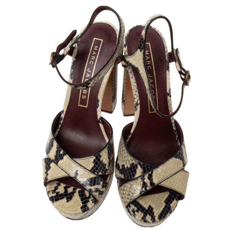 Pre Owned Marc Jacobs Black/Beige Python Embossed Leather Criss Crss Platform Ankle Strap Size 36