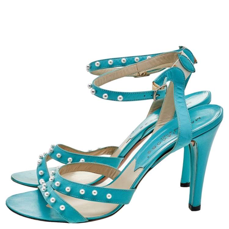 Pre Owned Marc Jacobs Blue Leather Embellished Ankle Strap  Sandals Size 38