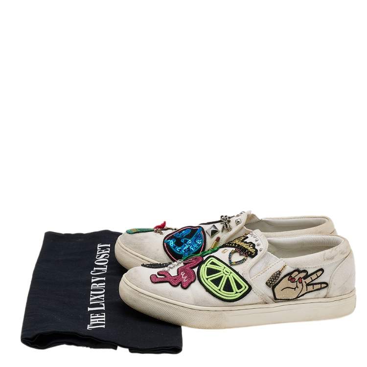 Pre Owned Marc Jacobs White Canvas Patches And Embellished Mercer Slip On Sneakers Size 38