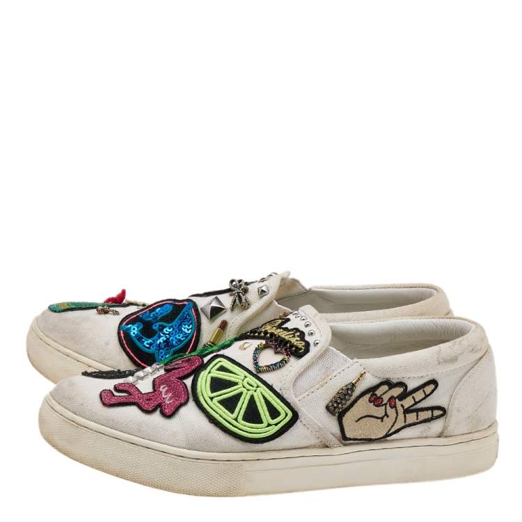 Pre Owned Marc Jacobs White Canvas Patches And Embellished Mercer Slip On Sneakers Size 38