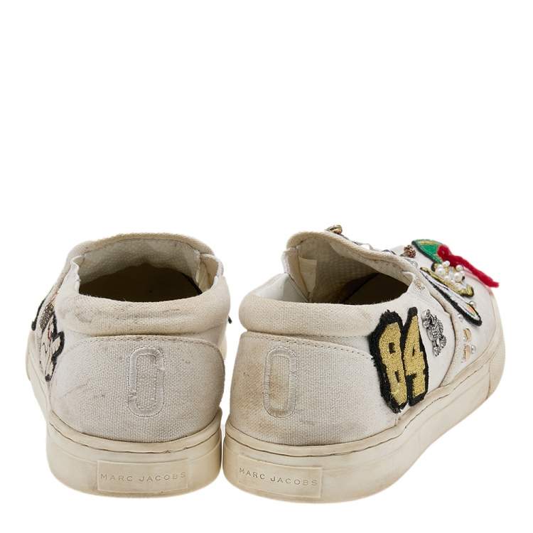 Pre Owned Marc Jacobs White Canvas Patches And Embellished Mercer Slip On Sneakers Size 38
