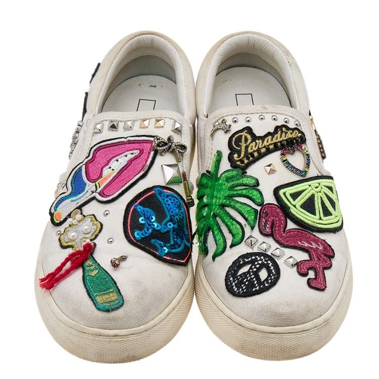 Pre Owned Marc Jacobs White Canvas Patches And Embellished Mercer Slip On Sneakers Size 38