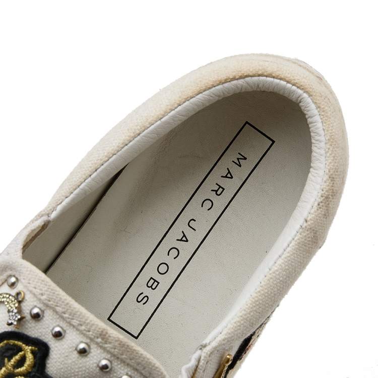 Pre Owned Marc Jacobs White Canvas Patches And Embellished Mercer Slip On Sneakers Size 38