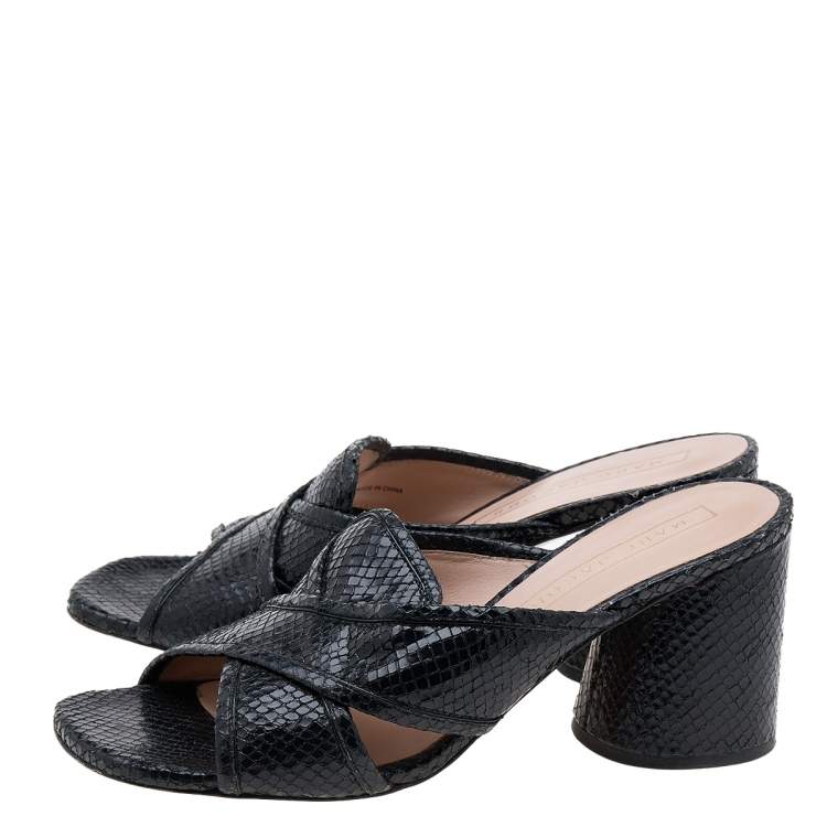 Pre Owned Marc Jacobs Black Snakeskin Embossed Leather Criss Cross Slide Sandals Size 38