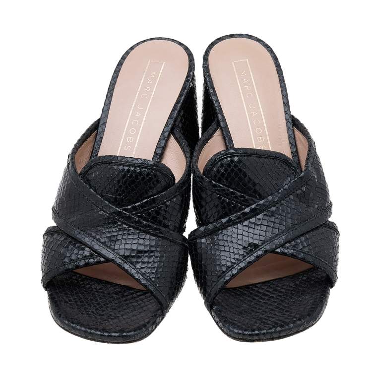 Pre Owned Marc Jacobs Black Snakeskin Embossed Leather Criss Cross Slide Sandals Size 38