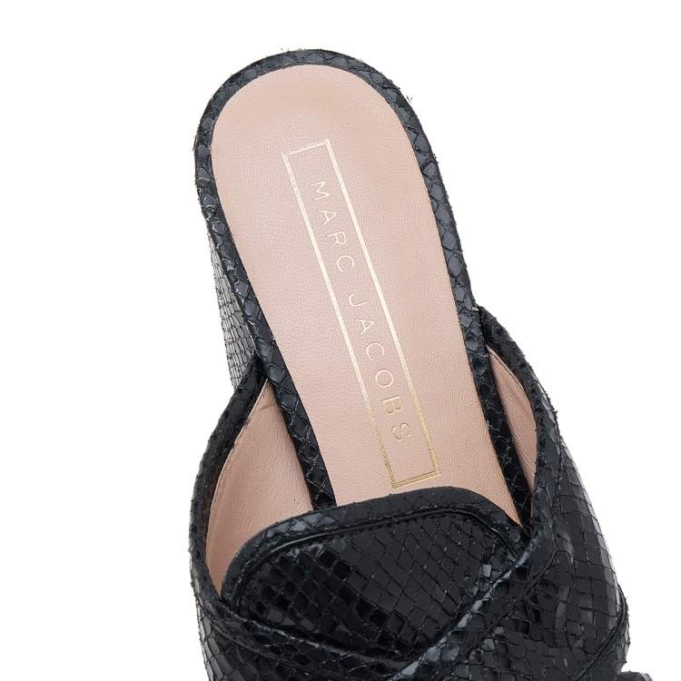Pre Owned Marc Jacobs Black Snakeskin Embossed Leather Criss Cross Slide Sandals Size 38