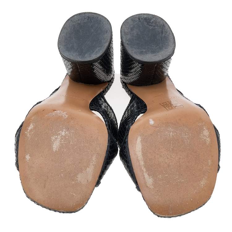 Pre Owned Marc Jacobs Black Snakeskin Embossed Leather Criss Cross Slide Sandals Size 38