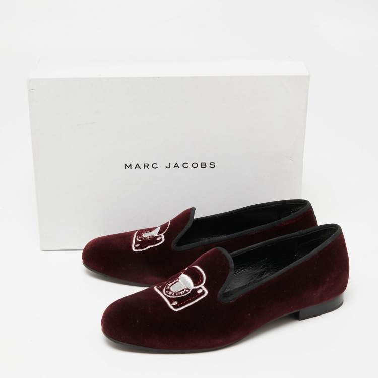 Pre Owned Marc Jacobs Burgundy Velvet Embroidered Smoking Slippers Size 36
