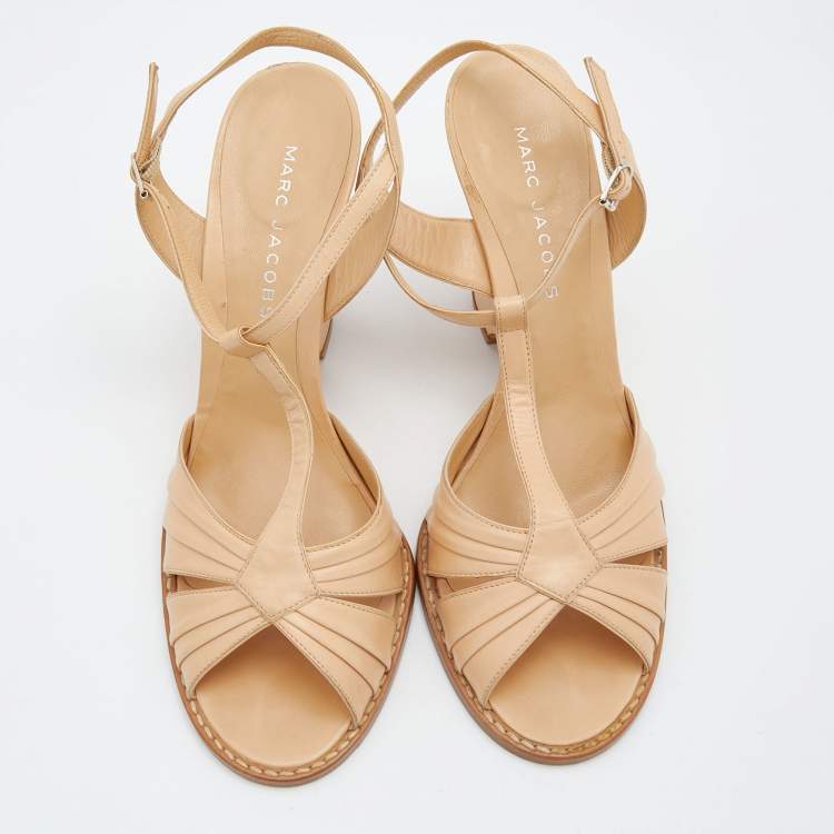Pre Owned Marc Jacobs Beige Leather Ankle Strap Wedge Sandals Size 39.5