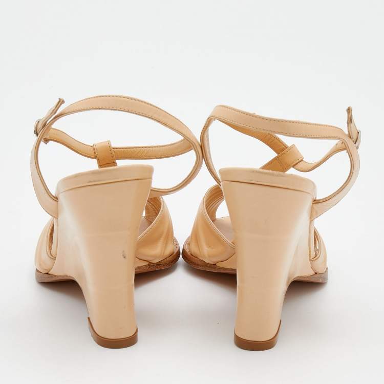 Pre Owned Marc Jacobs Beige Leather Ankle Strap Wedge Sandals Size 39.5