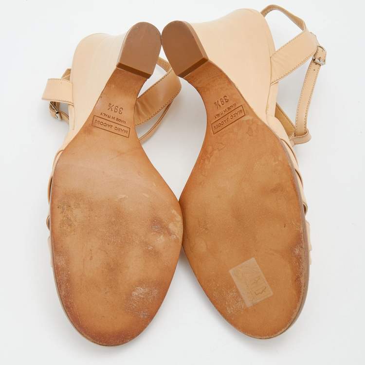 Pre Owned Marc Jacobs Beige Leather Ankle Strap Wedge Sandals Size 39.5