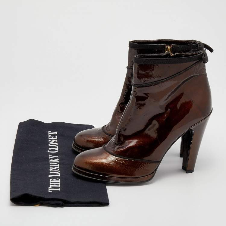 Pre Owned Marc Jacobs Metallic Bronze Patent Leather Ankle Length Boots Size 40.5