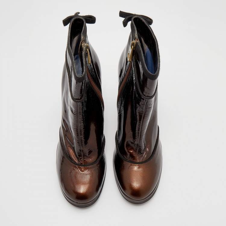 Pre Owned Marc Jacobs Metallic Bronze Patent Leather Ankle Length Boots Size 40.5