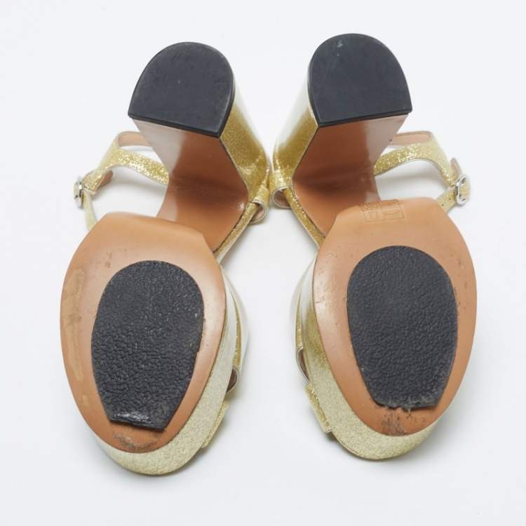 Pre Owned Marc Jacobs Metallic Gold Patent Leather Lust Platform Block Heel Ankle Strap Sandals Size 37