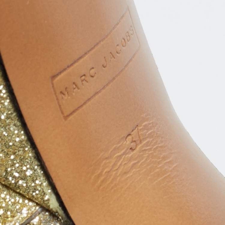 Pre Owned Marc Jacobs Metallic Gold Patent Leather Lust Platform Block Heel Ankle Strap Sandals Size 37