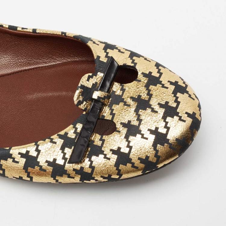Pre Owned Marc Jacobs Gold/Black Houndstooth Print Suede Bow Ballet Flats Size 40