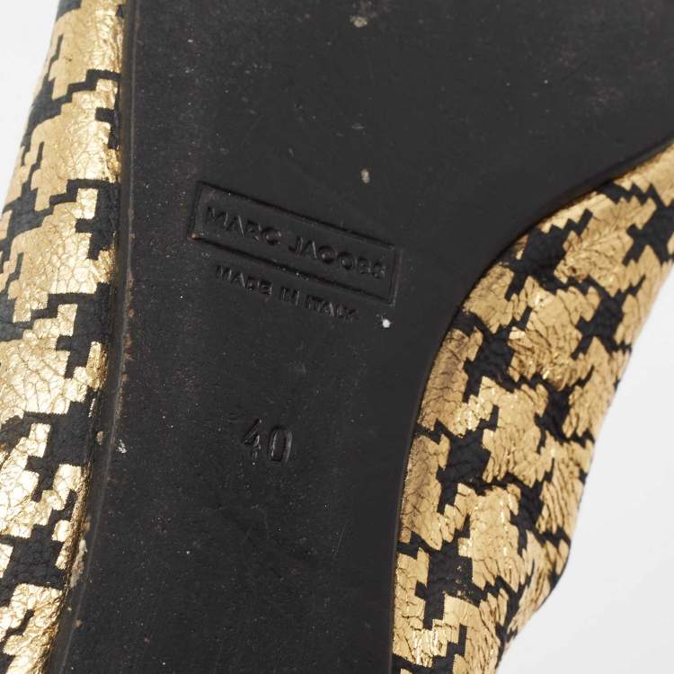 Pre Owned Marc Jacobs Gold/Black Houndstooth Print Suede Bow Ballet Flats Size 40
