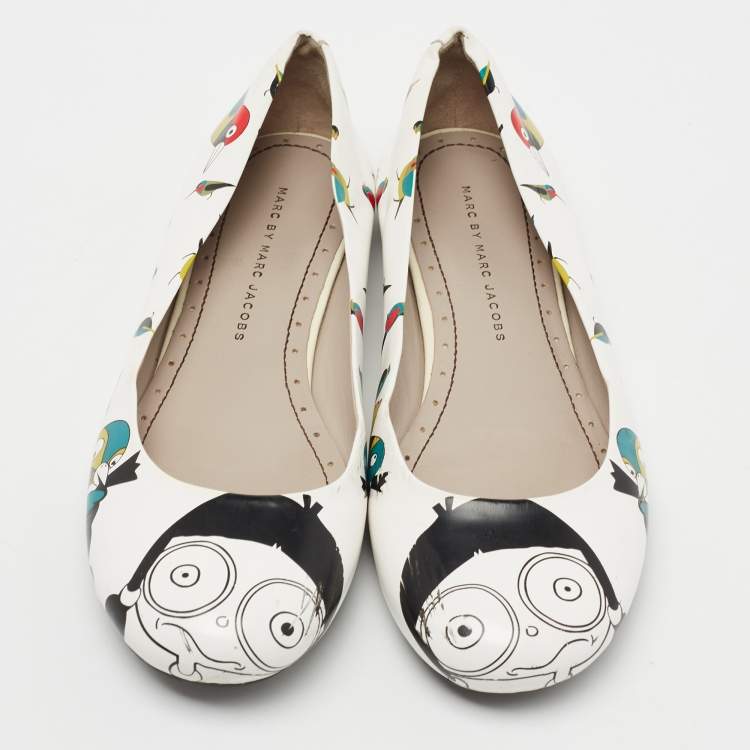 Pre Owned Marc by Marc Jacobs White Leather Bird Printed Round Toe Ballet Flats Size 37.5