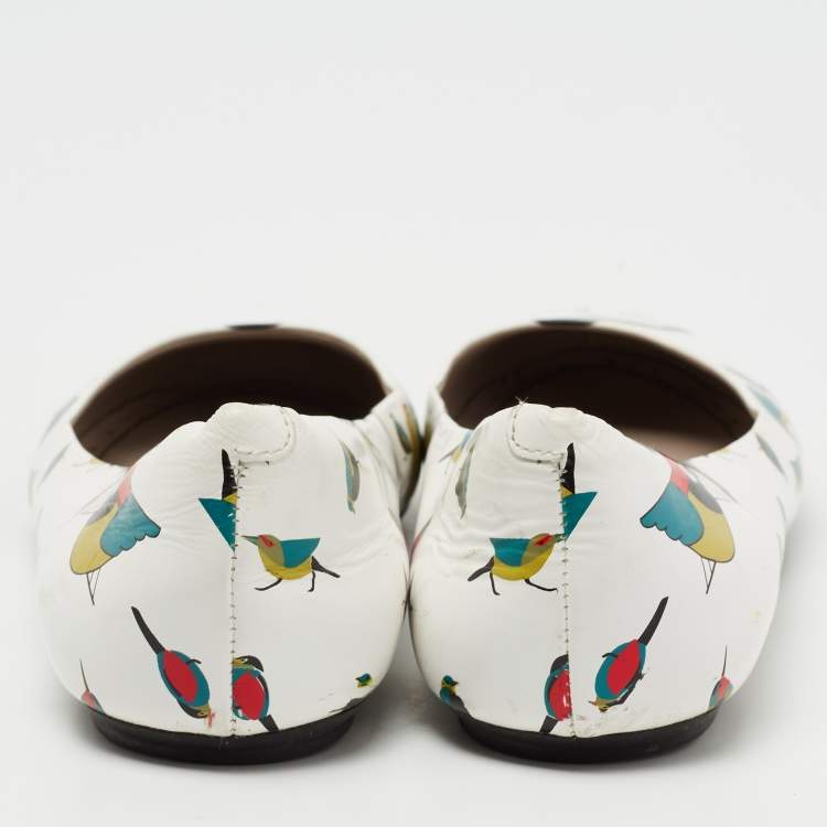 Pre Owned Marc by Marc Jacobs White Leather Bird Printed Round Toe Ballet Flats Size 37.5
