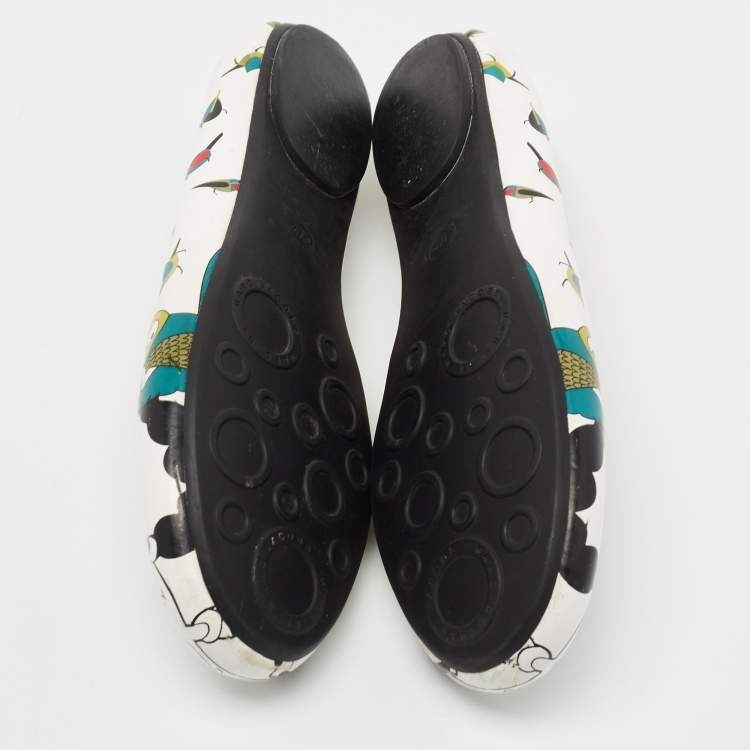 Pre Owned Marc by Marc Jacobs White Leather Bird Printed Round Toe Ballet Flats Size 37.5