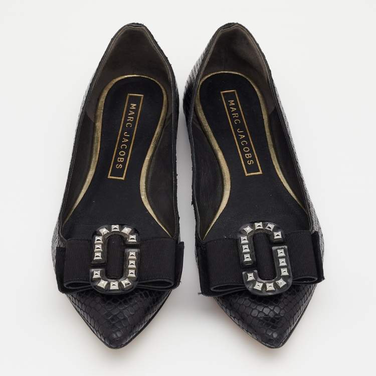 Pre Owned Marc Jacobs Black Snakeskin Embossed Leather Pointed Toe Ballet Flats Size 37