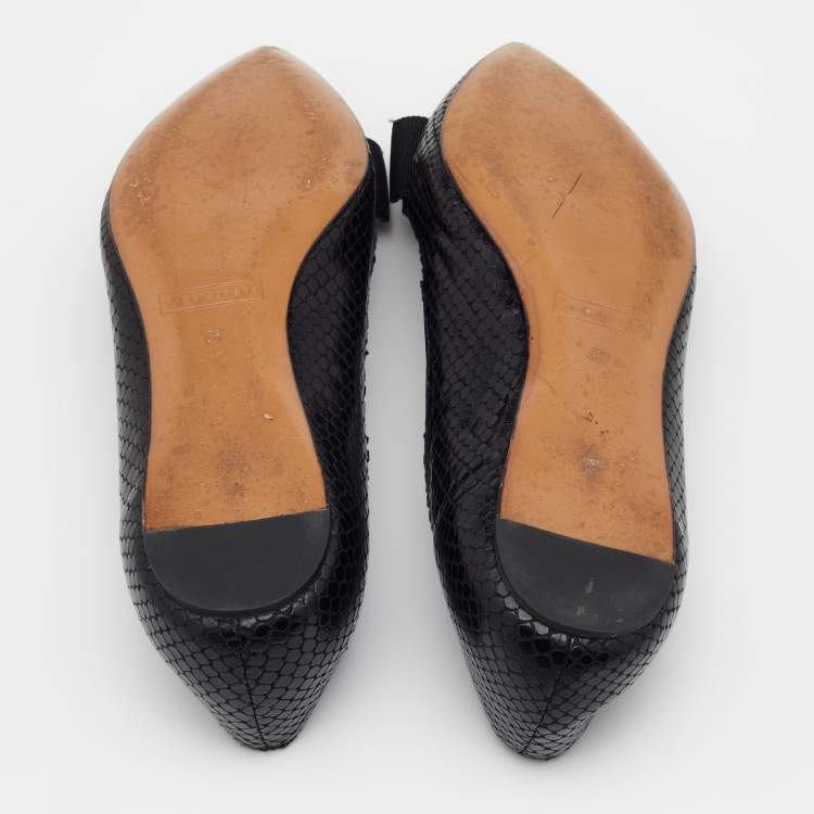 Pre Owned Marc Jacobs Black Snakeskin Embossed Leather Pointed Toe Ballet Flats Size 37