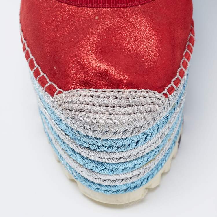 Pre Owned Marc Jacobs Metallic Red Leather Suzi Crystal Embellished Brooch Mary Jane Espadrille Platforms Size 37
